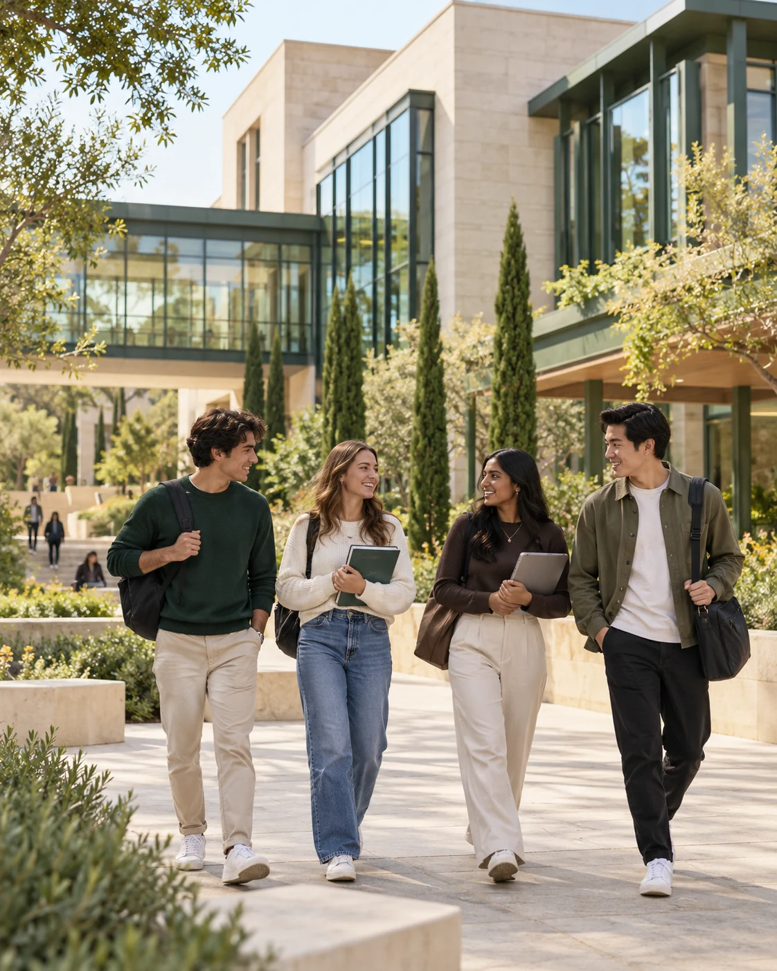 Illustrative contemporary campus with students in a landscaped courtyard